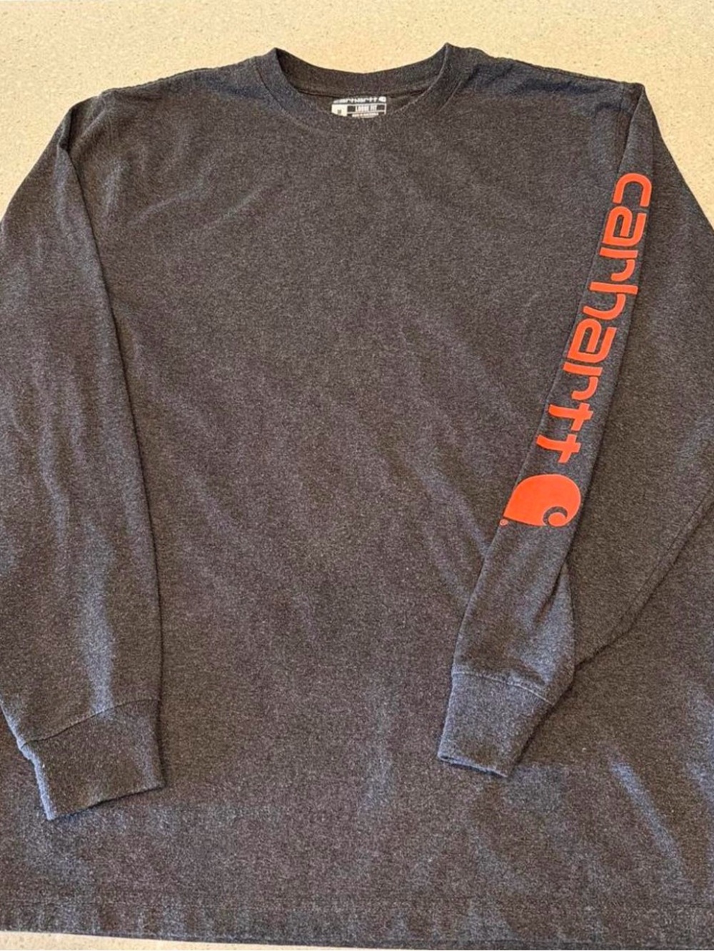 Carhartt Charcoal Long Sleeve Crewneck with Orange Sleeve Logo